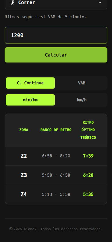 Resultado real de la calculadora con los ritmos por zona para un test ilustrativo de 1200 metros